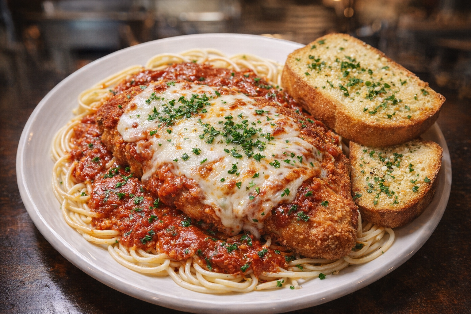 Chicken Parmigiana plated over spaghetti with marinara sauce, side of garlic bread, garnished with parsley, overhead shot, restaurant lighting